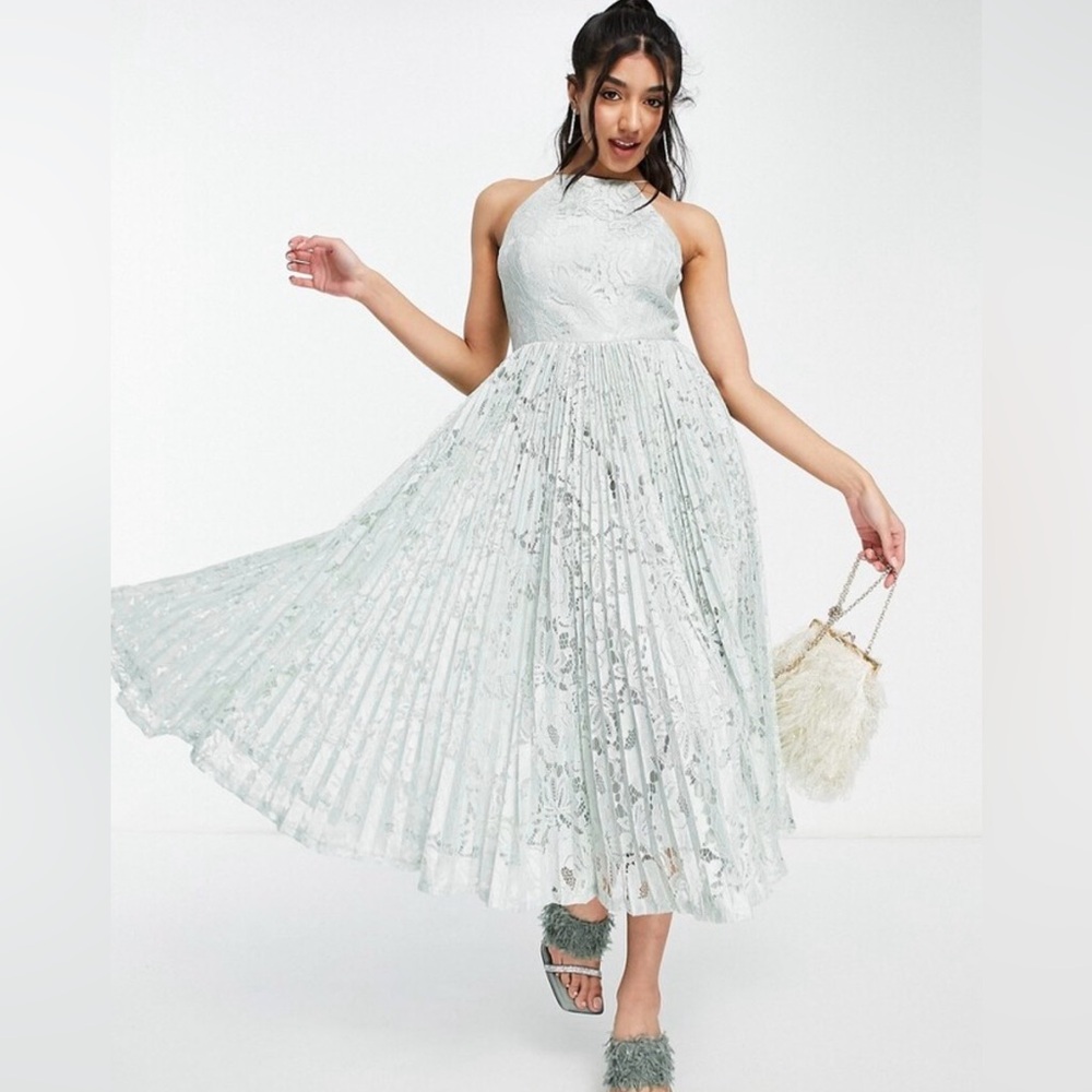 NWOT ASOS Pinny Midi Lace Pleated Prom Wedding Guest Dress in Mint Green Sz. 14